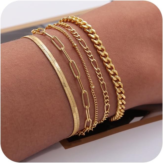 Gold Bracelets for Women Waterproof, 14K Gold Plated Jewelry Sets Trendy Thin Dainty Stackable Cuban Link Paperclip Chain Bracelet Pack Fashion Accessories Gifts for Womens