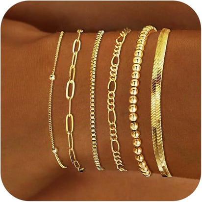 Gold Bracelets for Women Waterproof, 14K Gold Plated Jewelry Sets Trendy Thin Dainty Stackable Cuban Link Paperclip Chain Bracelet Pack Fashion Accessories Gifts for Womens
