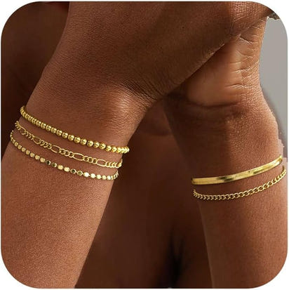 Gold Bracelets for Women Waterproof, 14K Gold Plated Jewelry Sets Trendy Thin Dainty Stackable Cuban Link Paperclip Chain Bracelet Pack Fashion Accessories Gifts for Womens