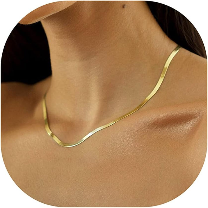 14K Gold Plated Necklaces for Women, Dainty Gold Herringbone Choker Necklace Thin Layered Snake Chain Jewelry for Gifts