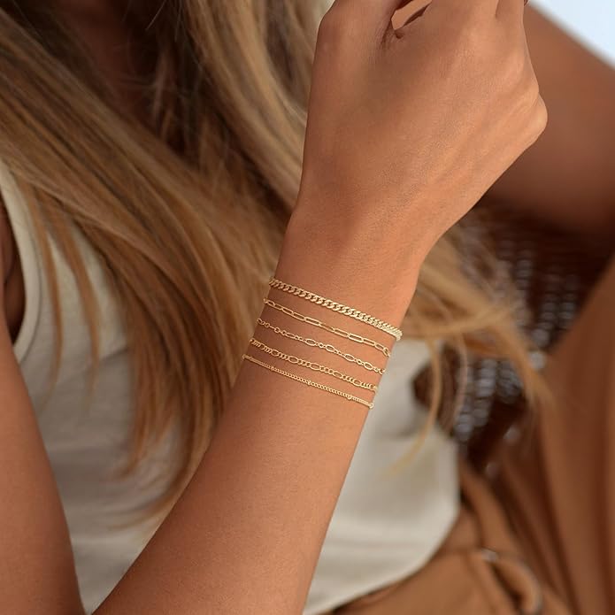 Gold Bracelets for Women Waterproof, 14K Gold Plated Jewelry Sets Trendy Thin Dainty Stackable Cuban Link Paperclip Chain Bracelet Pack Fashion Accessories Gifts for Womens