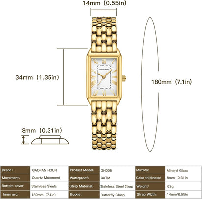 Gold Watches for Women with Vintage Rectangular Case,White Roman Dial,Stainless Steel Band,Adjustment Tool Included,Water Resistant