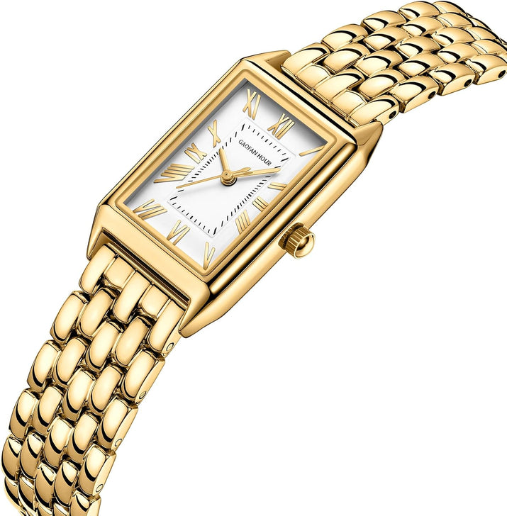 Gold Watches for Women with Vintage Rectangular Case,White Roman Dial,Stainless Steel Band,Adjustment Tool Included,Water Resistant