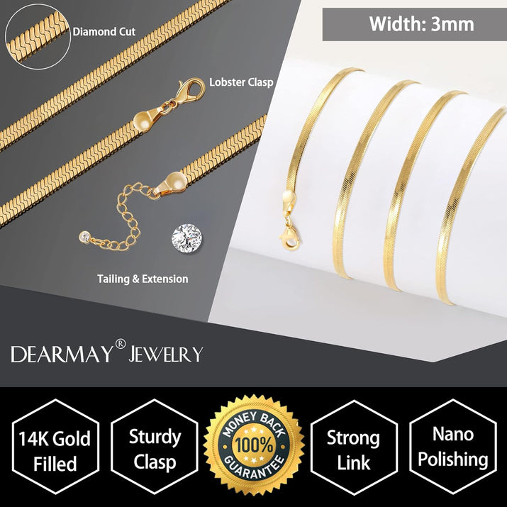 14K Gold Plated Necklaces for Women, Dainty Gold Herringbone Choker Necklace Thin Layered Snake Chain Jewelry for Gifts