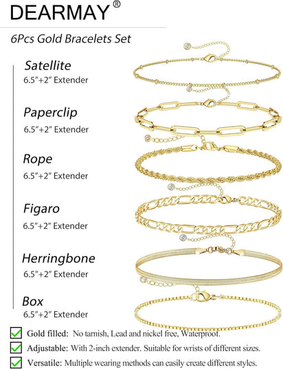 Gold Bracelets for Women Waterproof, 14K Gold Plated Jewelry Sets Trendy Thin Dainty Stackable Cuban Link Paperclip Chain Bracelet Pack Fashion Accessories Gifts for Womens