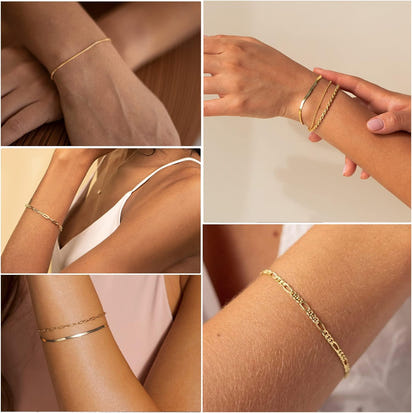 Gold Bracelets for Women Waterproof, 14K Gold Plated Jewelry Sets Trendy Thin Dainty Stackable Cuban Link Paperclip Chain Bracelet Pack Fashion Accessories Gifts for Womens