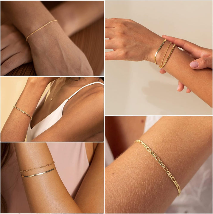 Gold Bracelets for Women Waterproof, 14K Gold Plated Jewelry Sets Trendy Thin Dainty Stackable Cuban Link Paperclip Chain Bracelet Pack Fashion Accessories Gifts for Womens